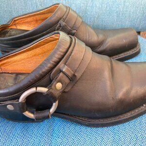 Black leather Frye Harness Mules